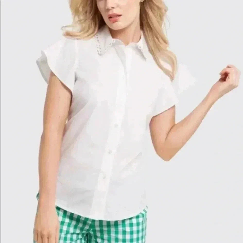 Draper James White Flutter Sleeve Button Down Col… - image 2